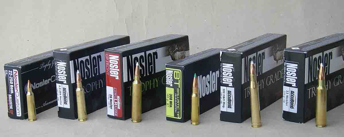 Nosler ammunition is available in a variety of calibers and loads that range from .17 Remington to .505 Gibbs.